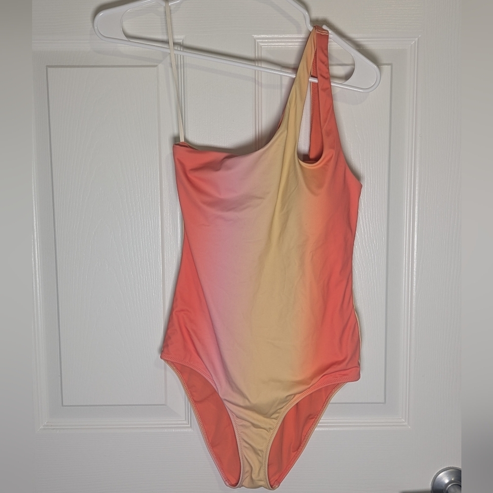 Aerie One Shoulder Ombre One Piece Swimsuit Full Coverage S/P Coral Pink - Picture 1 of 3
